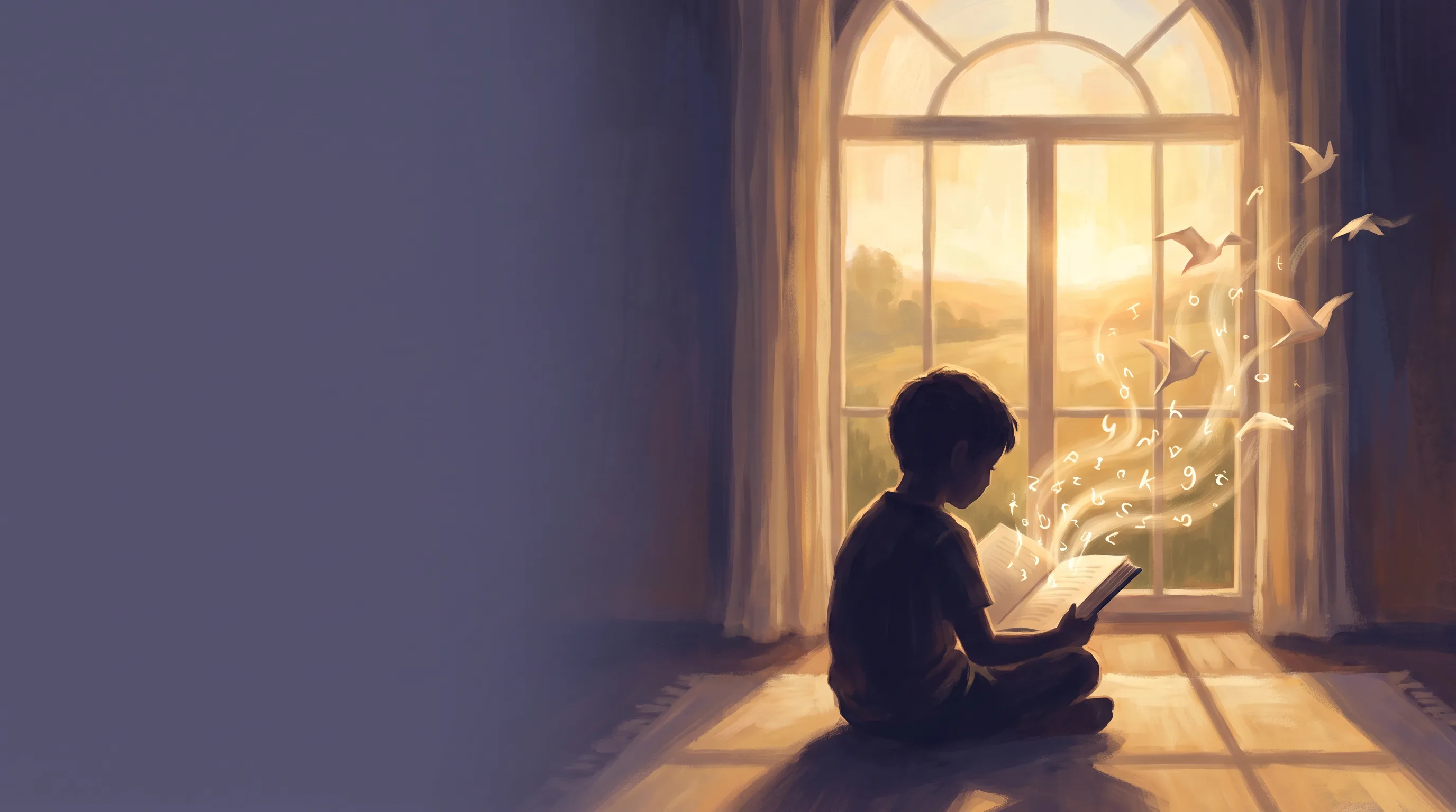 Illustration of a child reading by warm window light, with letters lifting off the page and turning into birds — symbolizing the shift from struggling with print to reading with confidence.